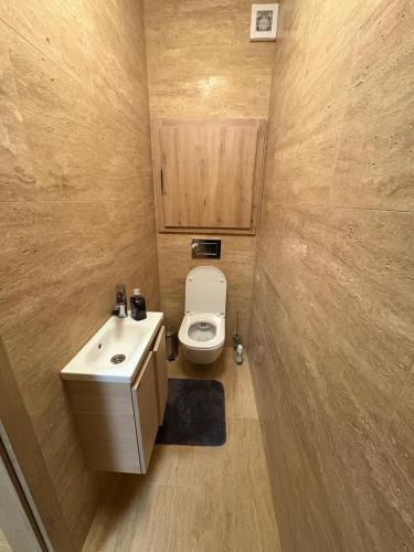 a small bathroom with a toilet and a sink at Apartmány Skalica in Skalica