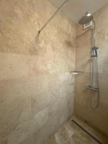 a shower with a shower head in a bathroom at Apartmány Skalica in Skalica