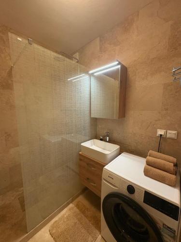 a bathroom with a washing machine and a shower at Apartmány Skalica in Skalica