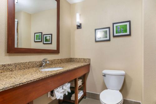 a bathroom with a toilet and a sink and a mirror at Comfort Suites Manhattan in Manhattan