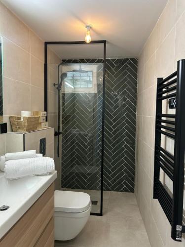 une salle de bain avec toilettes et douche en verre dans l'établissement Cocon Chic - Place de la Comédie, Beaux Arts, à Montpellier