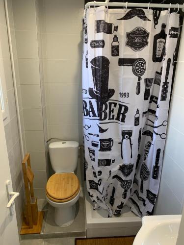 une salle de bain avec toilettes et rideau de douche dans l'établissement Studio idéal pour travail ou vacances dans le sud, à Fos-sur-Mer