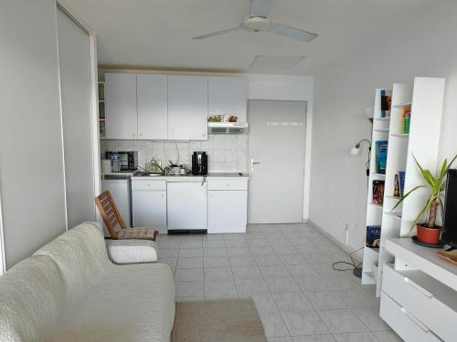 un salon avec un canapé et une cuisine dans l'établissement Cap Corse Santa Severa vue sur mer, à Santa-Severa