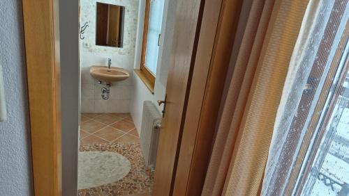 a bathroom with a sink and a toilet and a mirror at Alina's DIY-Haus St.Jakob in Innere Großrotte