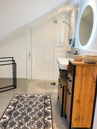 a bathroom with a shower and a sink and a mirror at Das Coming Home in Baunatal in Baunatal