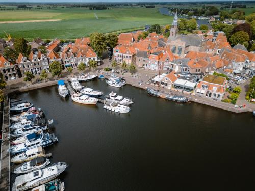 an aerial view of a harbor with boats in the water at Overnachten bij Vergeet me Niet in Blokzijl in Blokzijl