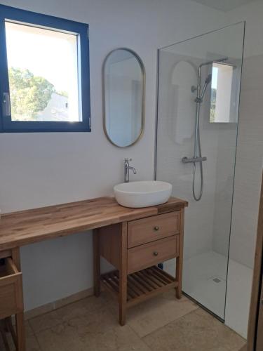 ein Badezimmer mit Waschbecken und Spiegel in der Unterkunft Villa SOFIA in Saint-Saturnin-dʼApt