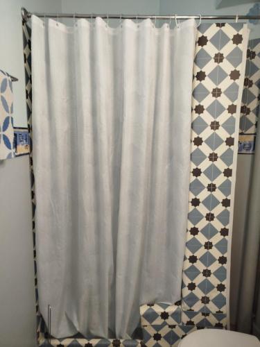 - un rideau de douche blanc dans la salle de bains pourvue de toilettes dans l'établissement Appartement entière, à Pau