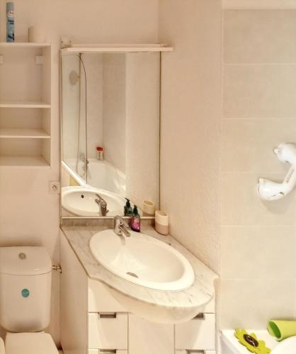 une salle de bain blanche avec un lavabo et des toilettes dans l'établissement Maison charmante à Aubignan avec piscine partagée, à Aubignan
