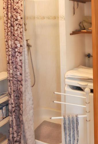 - une douche à l'italienne avec rideau de douche dans l'établissement Villa charmante à Sisteron avec piscine privée, à Sisteron