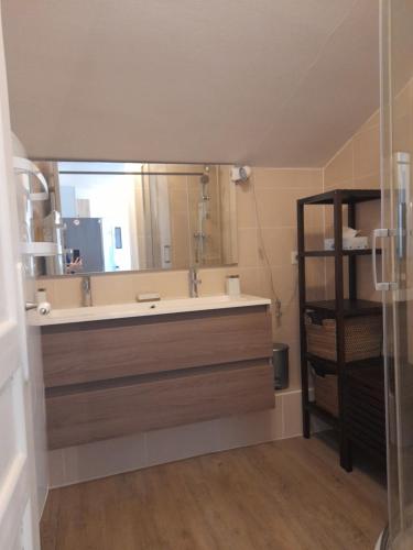 une salle de bain avec un lavabo et un grand miroir dans l'établissement Daxou, à Dax