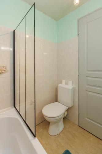 a bathroom with a toilet and a glass shower at LE SOUVENIR D'AILLEURS T2 65m2 in Lhommaizé