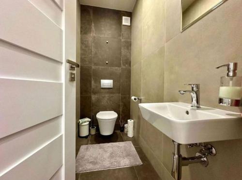 a bathroom with a sink and a toilet at Moderný apartmán s terasou in Prievidza