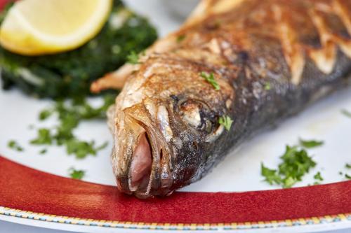 a piece of fish on a red and white plate at Parkhotel Schwert in Weesen