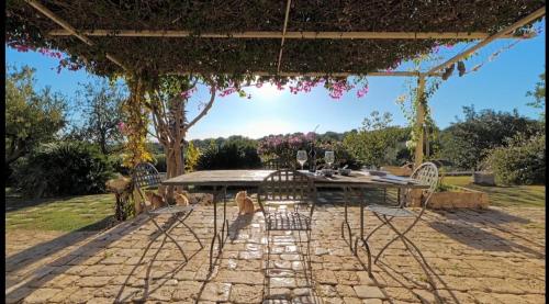 a patio with a table and chairs under a pergola at Case Brizza in Casale Zappulla