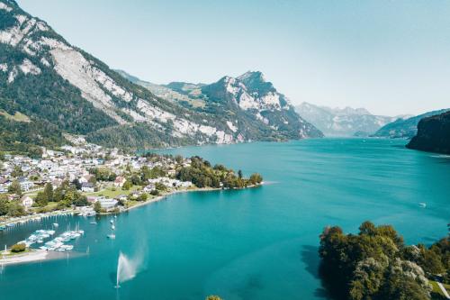 an island in the middle of a large body of water at Parkhotel Schwert in Weesen