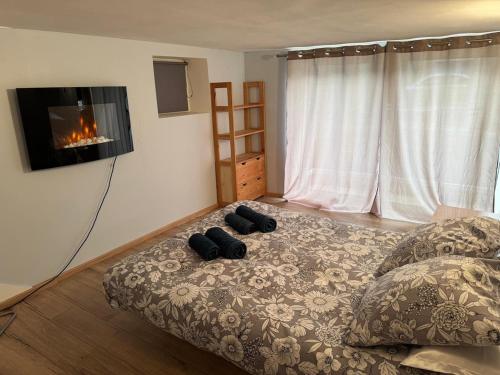 - une chambre dotée d'un lit avec deux chaussures noires dans l'établissement Villa Montyon - Centre Brive Parking Piscine, à Brive-la-Gaillarde