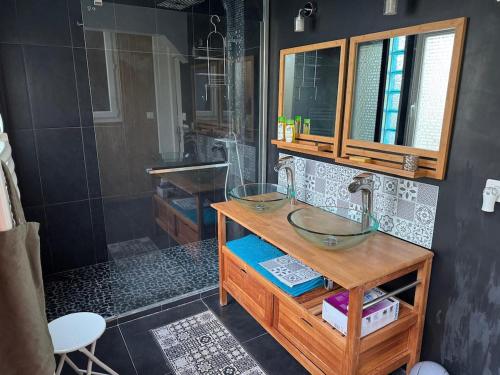 une salle de bain avec un lavabo et une douche dans l'établissement Villa Montyon - Centre Brive Parking Piscine, à Brive-la-Gaillarde
