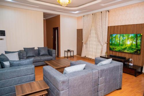 a living room with couches and a flat screen tv at Number Ten by Scarborough - Luxury Serviced Apartments, Asaba in Asaba