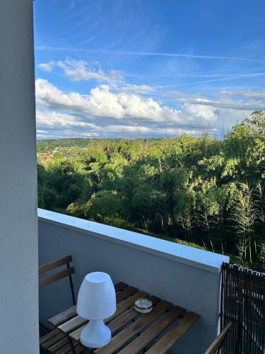 a balcony with a white chair and a view of trees at Studio Cosy AspinIII in Pau