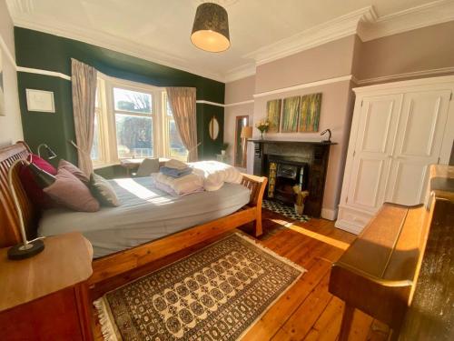 a bedroom with a bed in a room with a fireplace at Large, comfy room close to city centre - Newcastle upon Tyne in Walker Gate