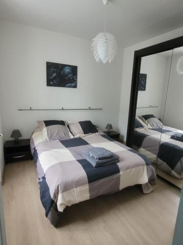 une chambre avec deux lits et un grand miroir dans l'établissement L 'appart de la volane, à Vals-les-Bains