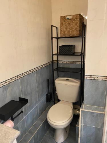 - une salle de bains avec des toilettes et un panier sur une étagère dans l'établissement Appartement plein centre Font Romeu pieds des pistes, à Font-Romeu