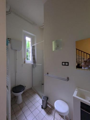 une salle de bain blanche avec des toilettes et un lavabo dans l'établissement Château de Branville, à Saint-Aubin-Epinay