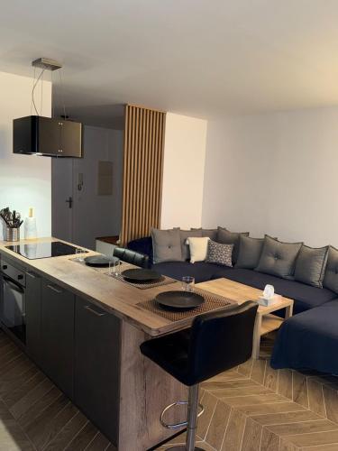 Il comprend une cuisine et un salon doté d'un canapé bleu. dans l'établissement Appartement 60 m2 5 personnes à 10 min de Paris 2 chambres Proche toutes commodités, à Rueil-Malmaison