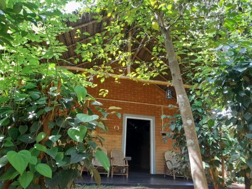 un bâtiment en briques avec deux chaises et une porte dans l'établissement Sandalwood Family Cottages, à Uda Walawe