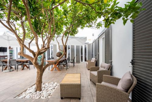 a patio with a tree and chairs and a table at AL-Odeceixe Verde in Odeceixe