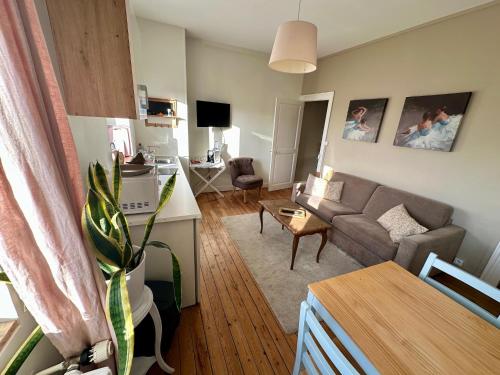 un salon avec un canapé et une table dans l'établissement La Douceur - 4 personnes - BCLA, au Mans