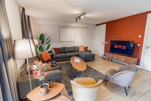 a living room with a couch and a tv at Appartement Zonlicht in Lutten