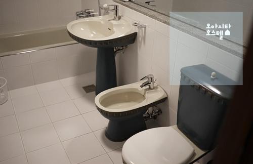 a bathroom with a sink and a toilet at Oasita Hostel in Gwangju