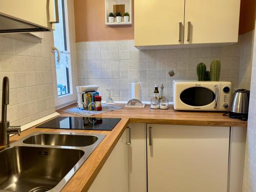a kitchen with a sink and a microwave on a counter at Appartamento Chagall in Asti