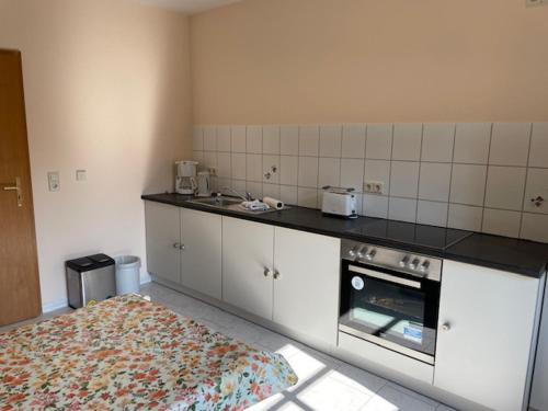 a kitchen with a stove and a counter top at Rittergut zu Groitzsch Muldenstraße 1 in Jesewitz