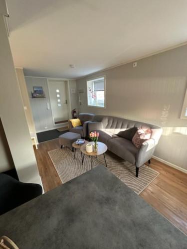 a living room with a couch and a table at Central one bedroom Apartment in Leknes in Leknes