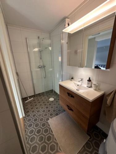 a bathroom with a sink and a shower at Central one bedroom Apartment in Leknes in Leknes