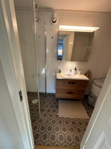 a bathroom with a shower and a sink and a mirror at Central one bedroom Apartment in Leknes in Leknes