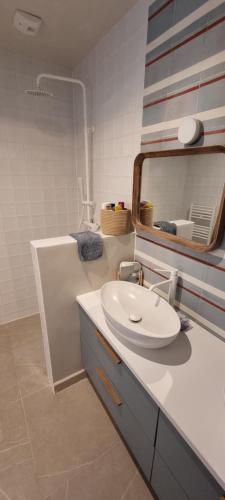 une salle de bain avec un lavabo blanc et un miroir dans l'établissement Superbe Maison à la Remigeasse, proximité plage, à Dolus-d'Oléron