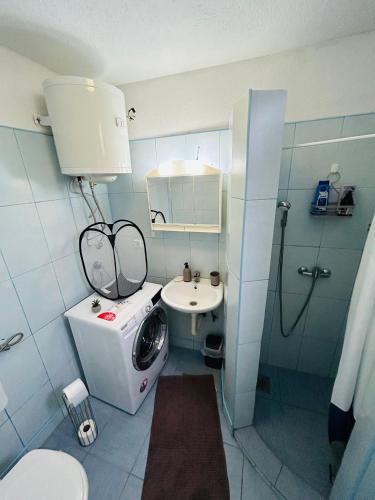 a bathroom with a washing machine and a sink at Apartmani Star in Tuzla