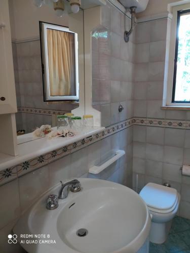 a bathroom with a sink and a toilet and a mirror at La Casa dei Daini in Ronciglione