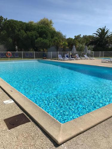 une grande piscine bleue avec des chaises et des arbres dans l'établissement Maison cosy avec piscine partagée, au Château-dʼOléron