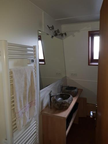 une salle de bain avec un lavabo et un miroir dans l'établissement Chalet sur les hauteurs des Angles, aux Angles