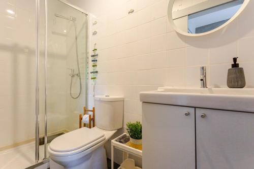 a bathroom with a toilet and a sink and a mirror at Quinta Santo António Amares in Amares