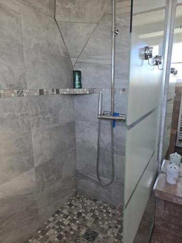 une douche avec une porte vitrée dans une salle de bain dans l'établissement Les Embruns - Le Port, à Deauville