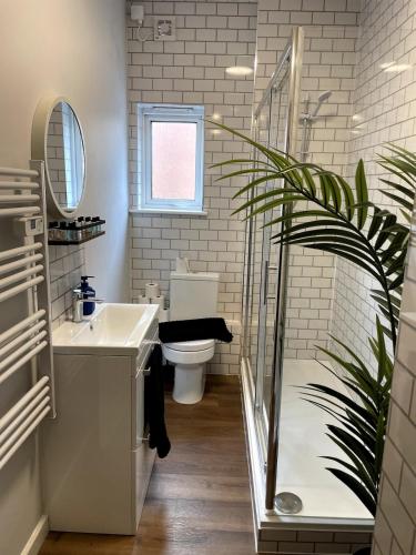 a bathroom with a sink and a toilet and a shower at Central Industrial Chic 2-Bedroom Flat in Crewe