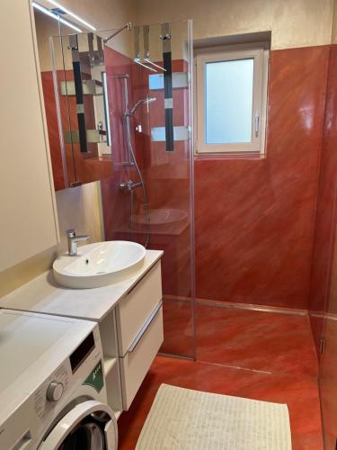 a bathroom with a shower and a sink and a washing machine at Ferienhaus Wildblick in Schwanberg