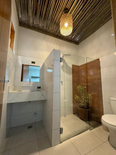 a bathroom with a shower and a sink and a toilet at Pousada Água Doce - Porto Eucalipto in Pôrto São José
