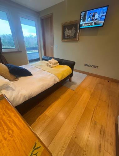 a bedroom with two beds and a flat screen tv at Hazelwood Country House in Adare